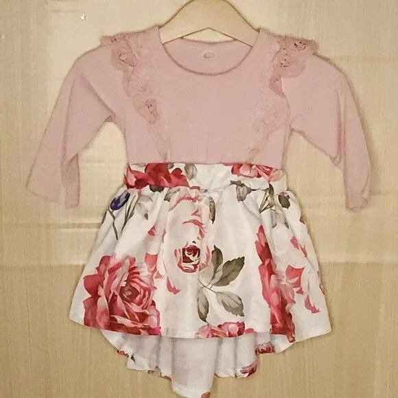 Baby Girls Pink Floral Mixed Material Dress 7-12 Months - Picture 1 of 8